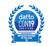DattoCon19 US Breakout Partner of the Year badge in blue