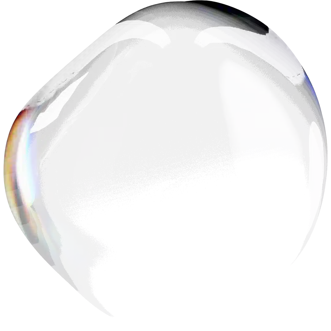 Realistic translucent glass bubble with rainbow refractions on transparent background.