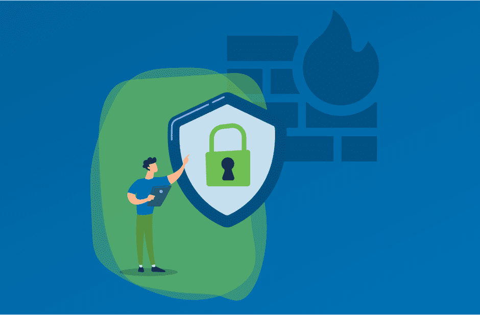 Cybersecurity shield illustration with firewall background.